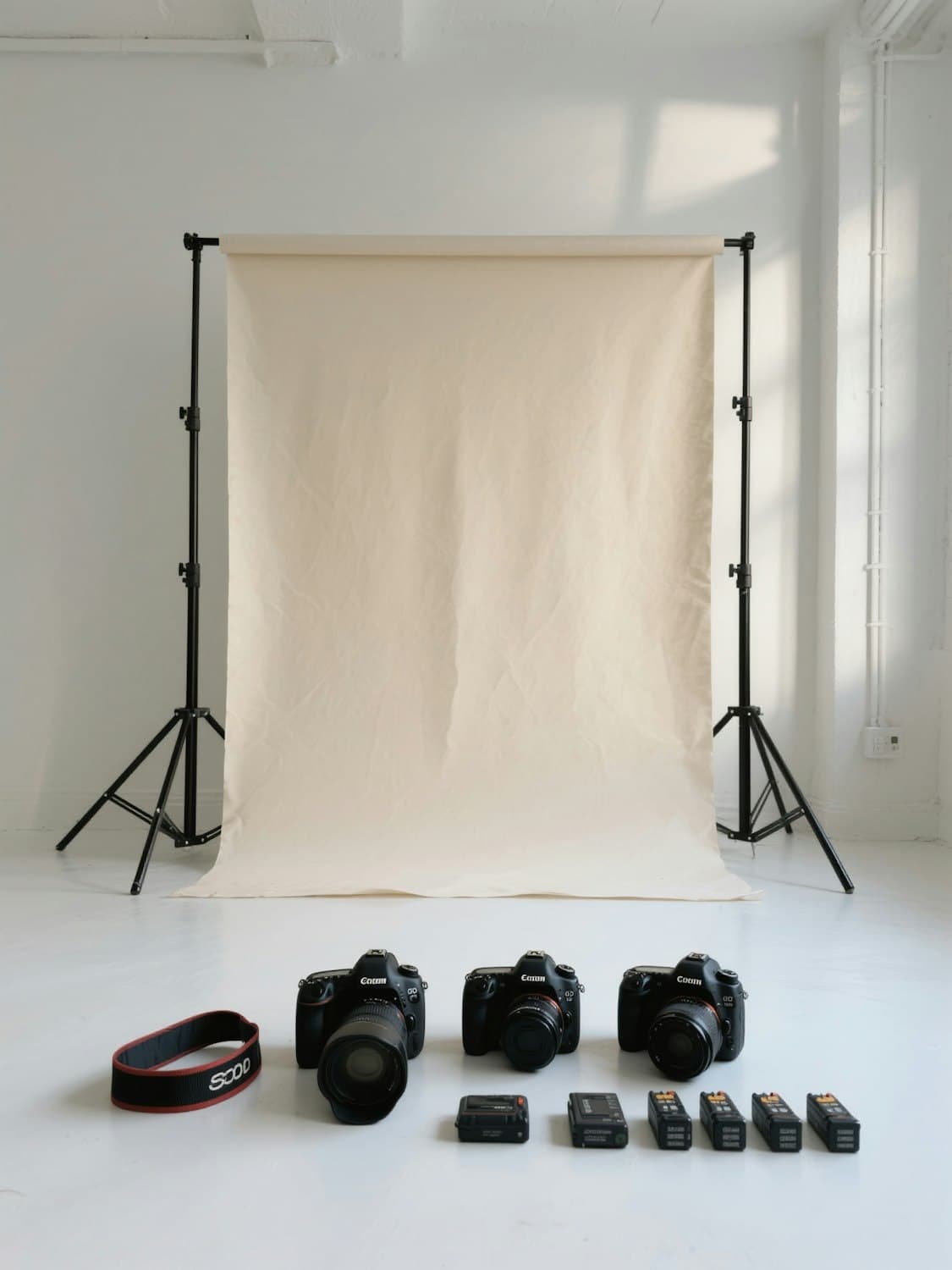 An empty studio backdrop with cameras laid out on the floor before a shoot