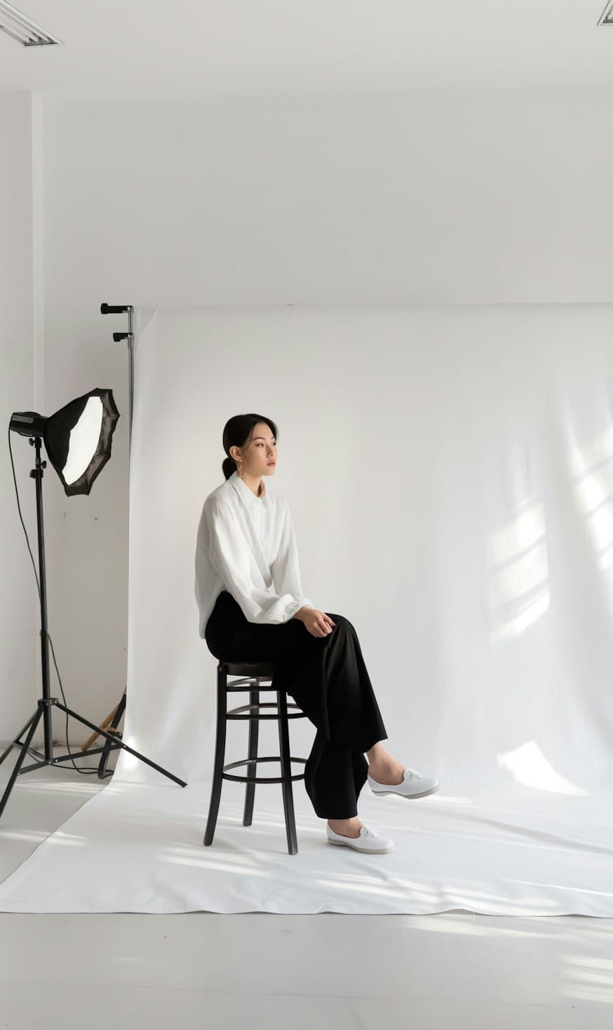 A woman seated on a stool in a bright photo studio beside a softbox light